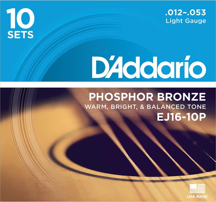 D'Addario EJ16 10 Pack Phosphor Bronze 12-53 Light – Guitar