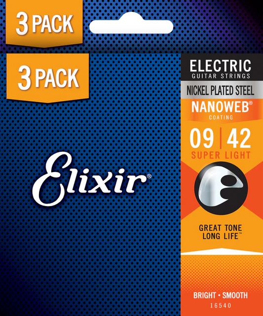 Elixir Electric Nickel Plated Steel Nanoweb 9-42 Super Light 3 Pack