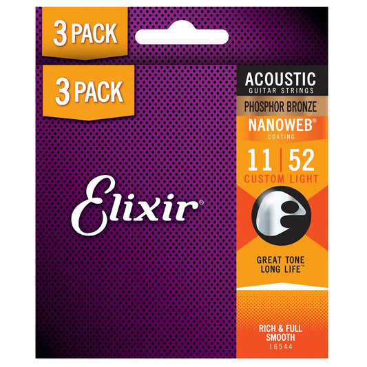 Elixir Acoustic Phosphor Bronze Nanoweb 11-52 Custom Light -3 Pack