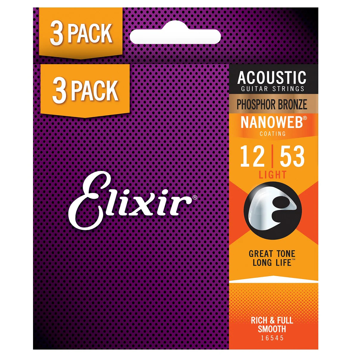 Elixir Acoustic Phosphor Bronze Nanoweb 12-53 Light 3 Pack