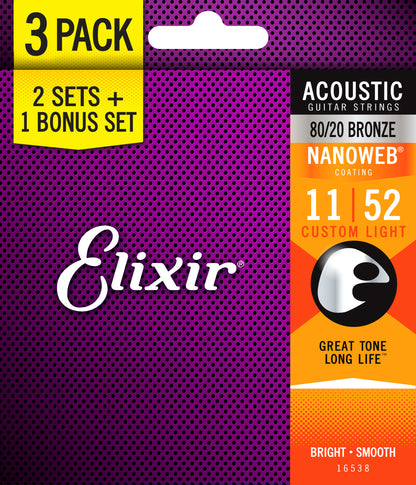 Elixir Acoustic 80/20 Nanoweb 11-52 Custom Light -3 Pack