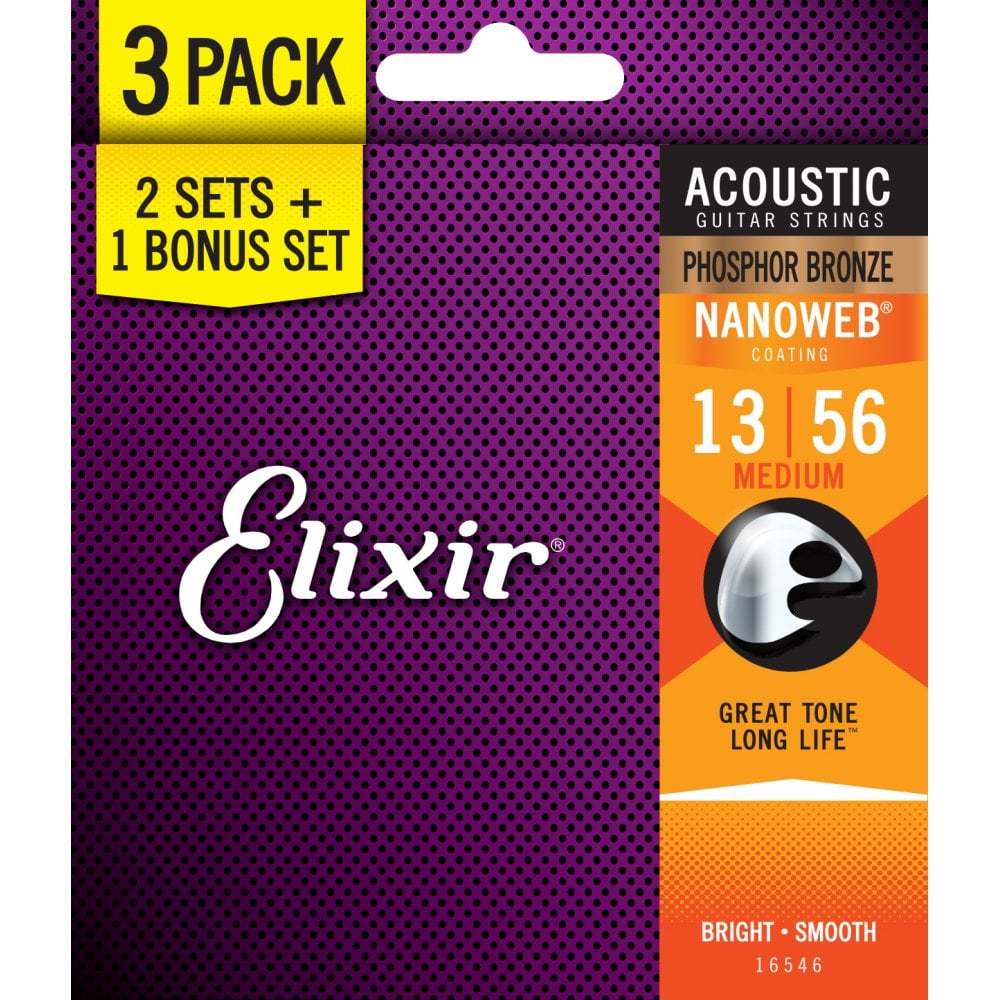 Elixir Acoustic Nanoweb 13-56 Phosphor Bronze - 3 Pack