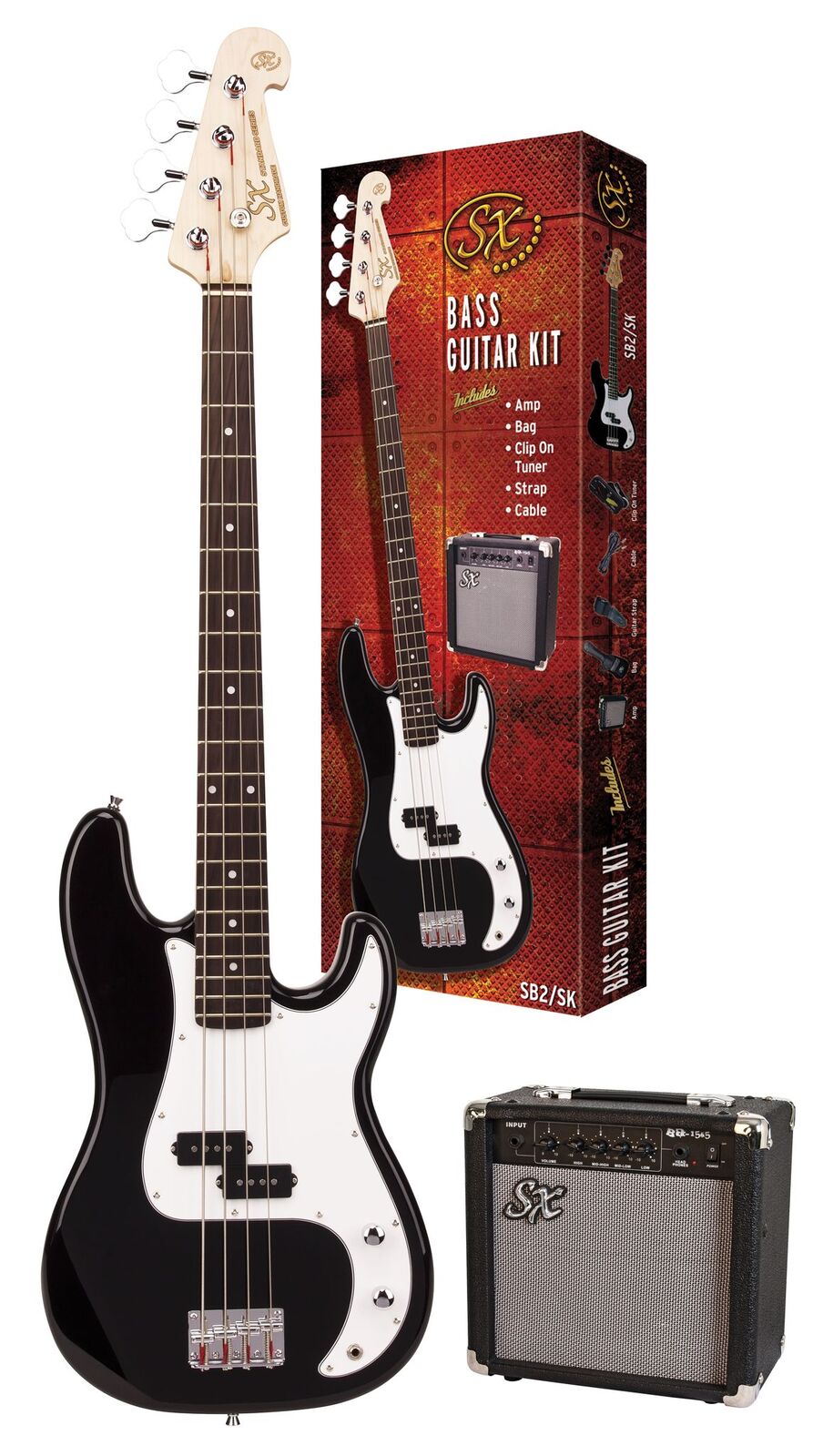 SX P-Bass Style Electric Bass Guitar Pack - Black