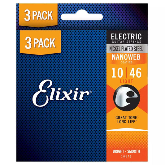 Elixir Electric Nickel-Plated Steel Nanoweb 10-46 Light -3 Pack